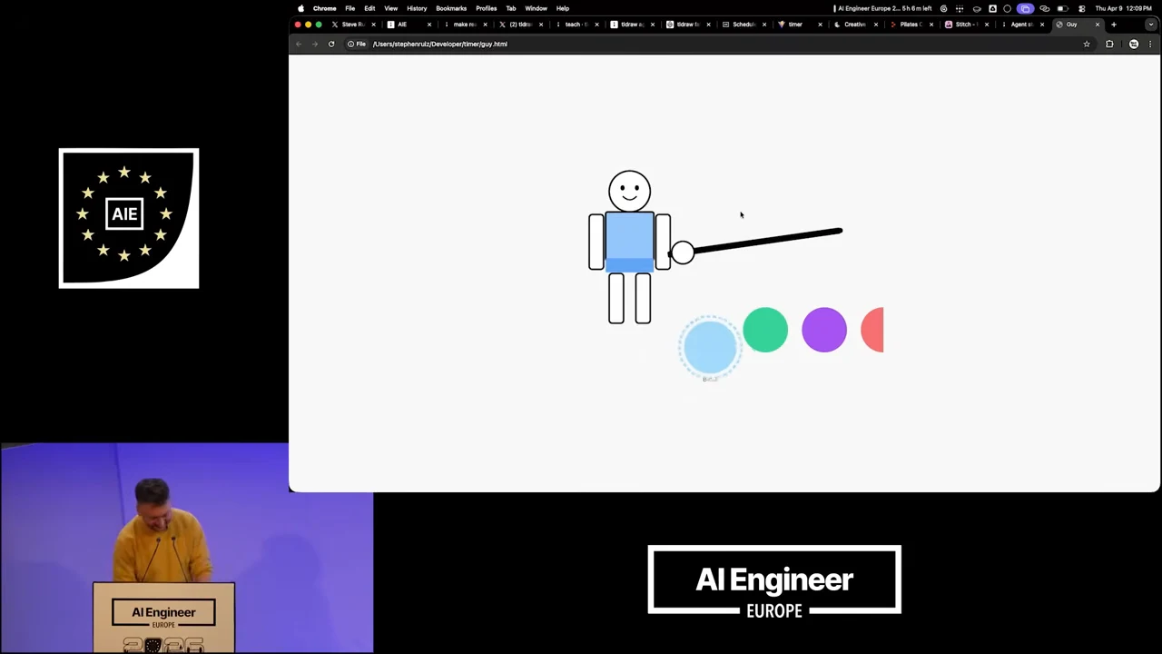 A white browser page displays a smiling character in a blue shirt, a long black pointer extending right, and colored circles below with blue selected.