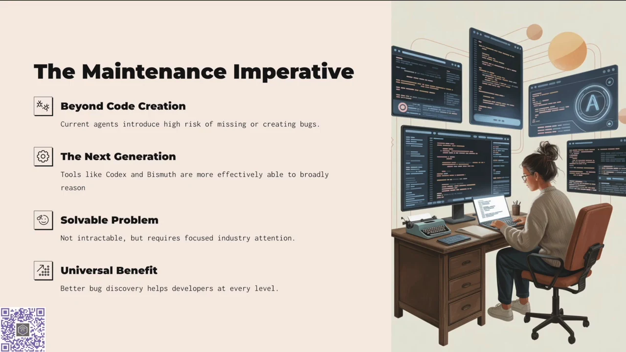 Slide lists Beyond Code Creation, The Next Generation, Solvable Problem, and Universal Benefit beside an illustration of a developer at multiple monitors.