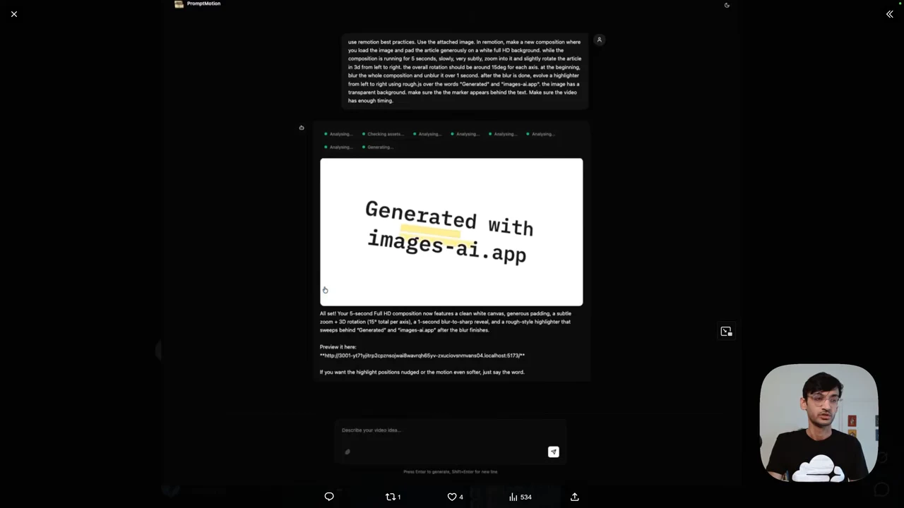 Dark application interface with a white video preview reading “Generated with images-ai.app” and a yellow highlight beneath part of the text.