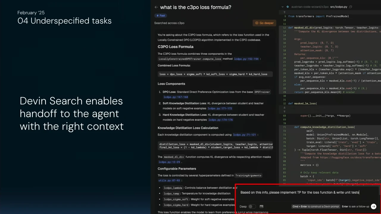 Slide showing a codebase search answer beside source code, with a red-outlined prompt requesting implementation and unit tests.