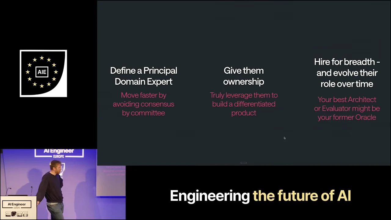 Three-column slide recommending a principal domain expert, ownership, and hiring for breadth as the role evolves; supporting text mentions avoiding consensus by committee and former Oracles becoming Architects or Evaluators.