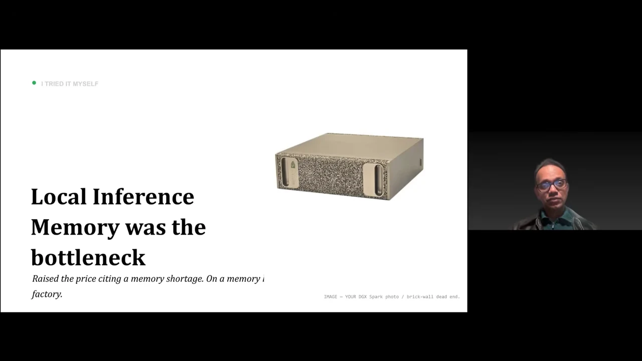 White slide with the heading “Local Inference Memory was the bottleneck,” a compact computer pictured above right, and the speaker beside the slide.
