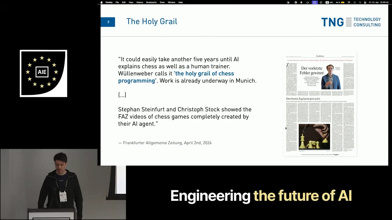 Slide titled “The Holy Grail” with a newspaper quotation about AI chess explanations and an image of the newspaper article.