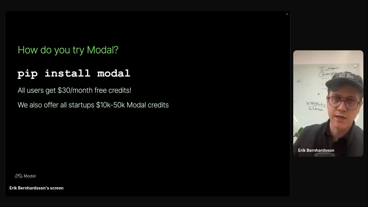 Slide titled “How do you try Modal?” shows “pip install modal,” $30/month free credits for all users, and $10k–50k Modal credits for startups.