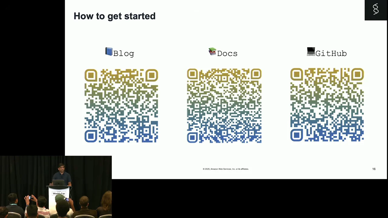 How to get started slide with three QR codes labeled Blog, Docs, and GitHub, and a presenter inset at lower left.