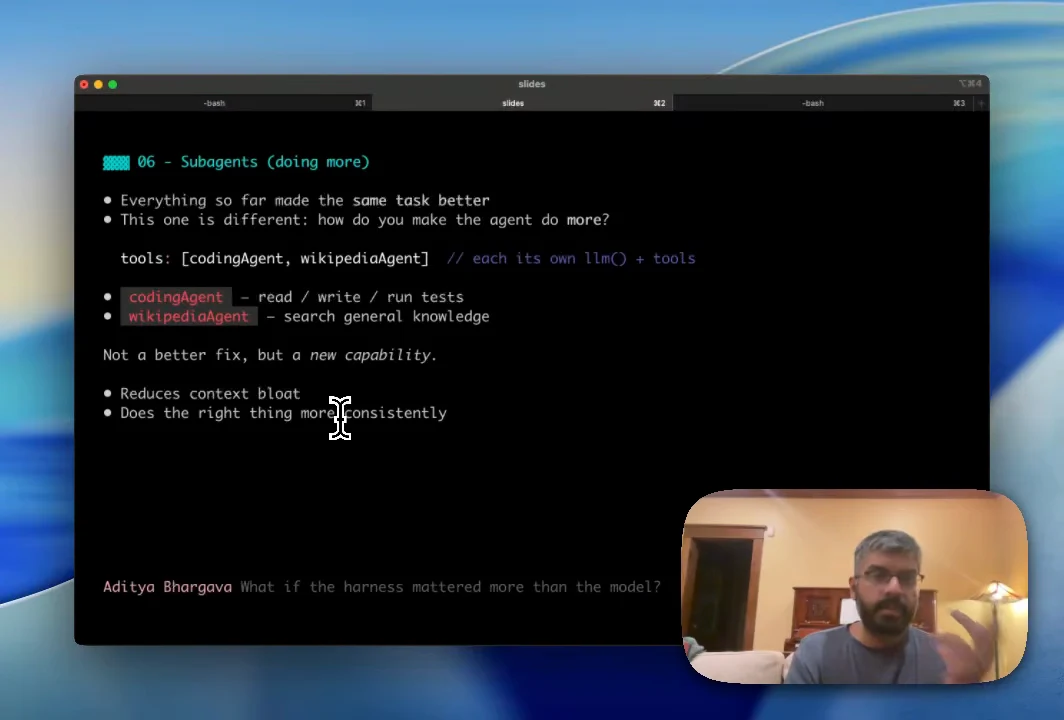 Subagents slide listing codingAgent for reading, writing and running tests, and wikipediaAgent for general knowledge, with bullets about context bloat and consistency.