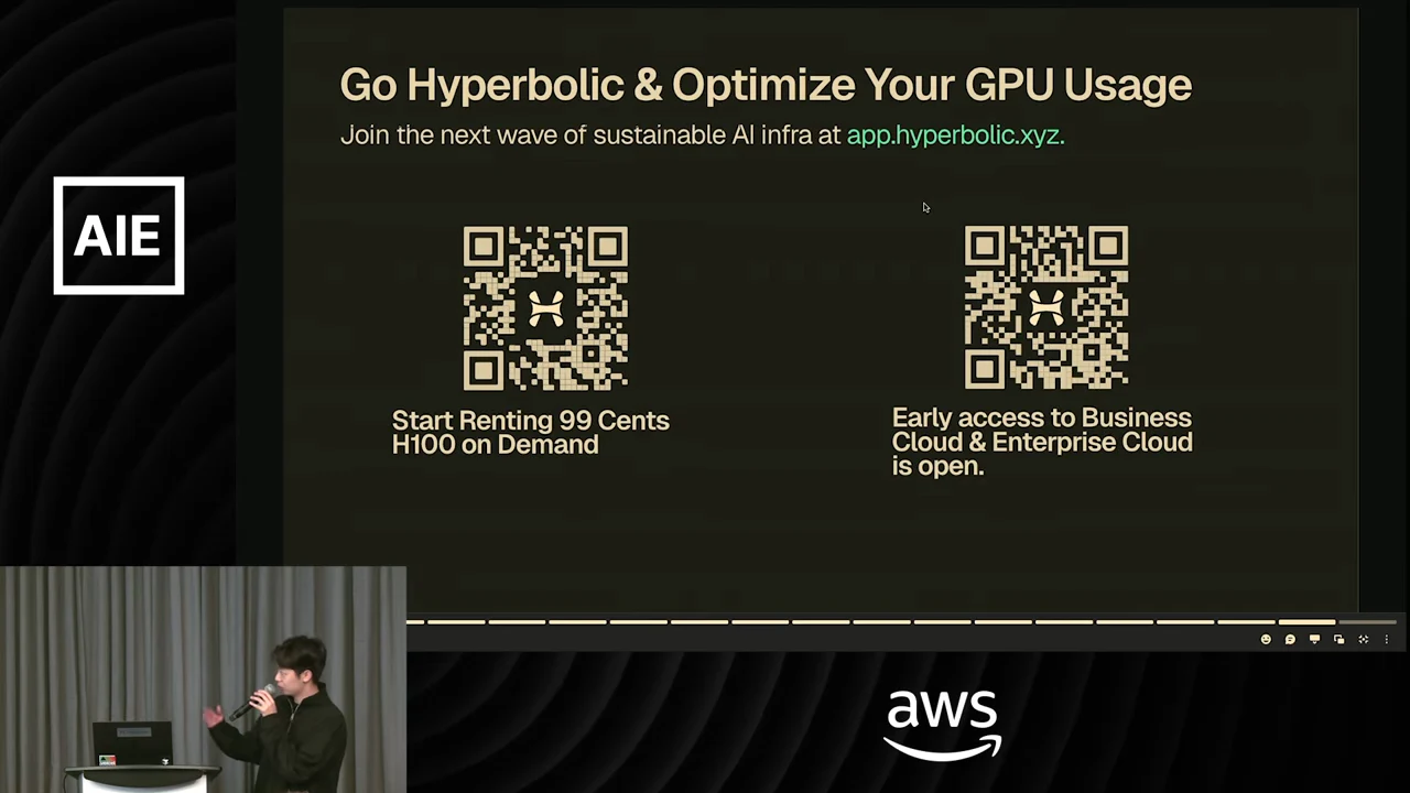 “Go Hyperbolic & Optimize Your GPU Usage” slide with app.hyperbolic.xyz and two QR codes labeled for 99-cent H100 rentals and early access to Business Cloud and Enterprise Cloud.
