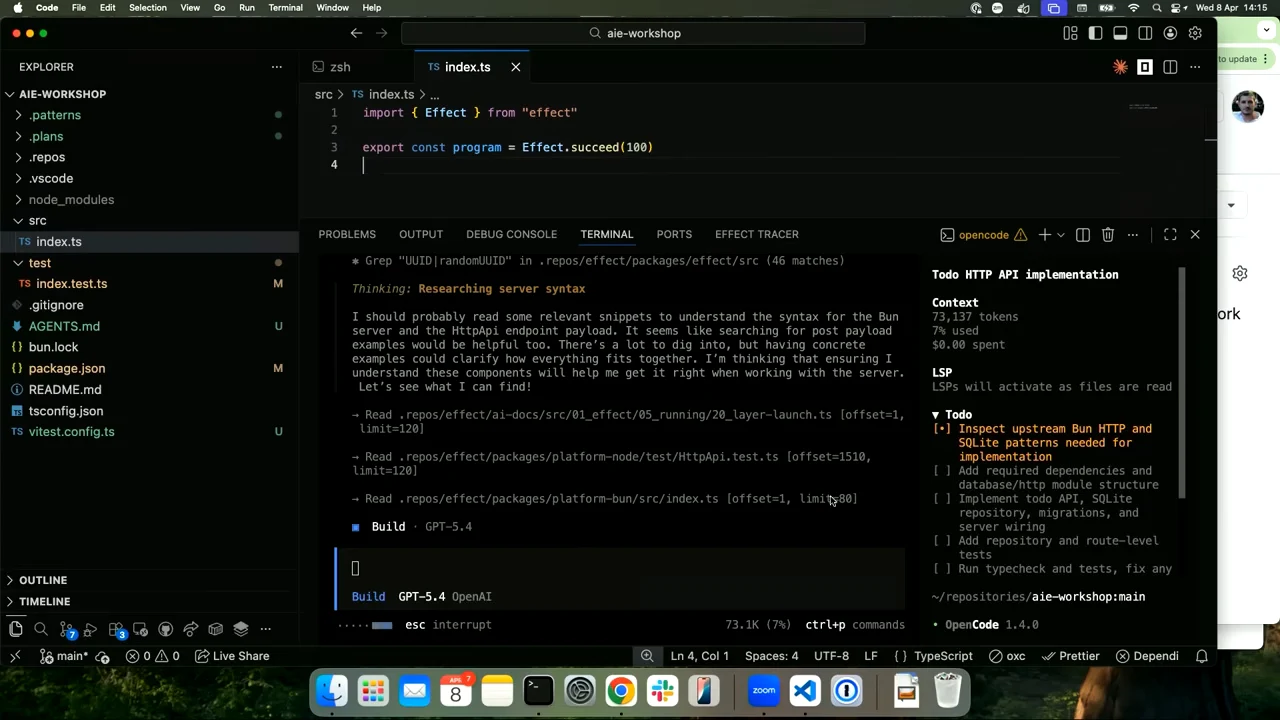 VS Code shows a short TypeScript file above OpenCode research activity, repository file reads, and an implementation checklist.