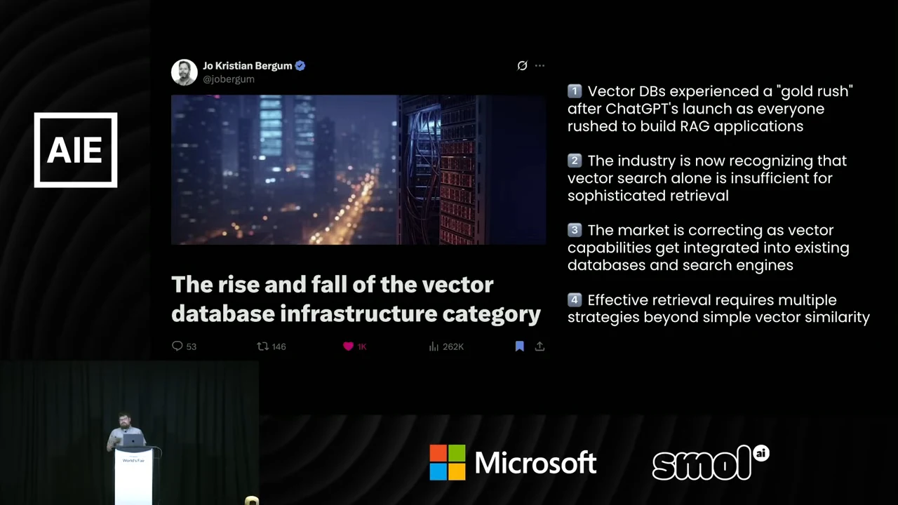Slide showing Jo Kristian Bergum’s vector database article alongside four points about the vector database boom, market changes, and retrieval strategies.