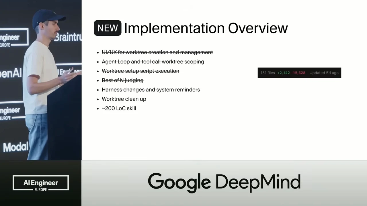 NEW Implementation Overview slide with five crossed-out bullets, uncrossed Worktree clean up, a ~200 LoC skill bullet, and a code-change summary.
