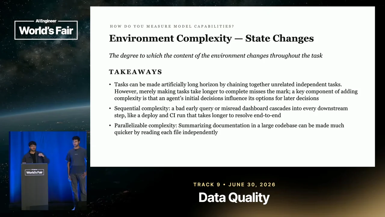 Slide titled “Environment Complexity — State Changes” with three takeaways contrasting unrelated tasks, cascading early decisions, and parallelizable documentation work.