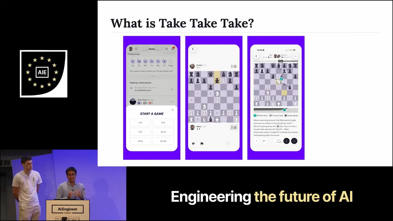 Slide titled “What is Take Take Take?” with three phone screenshots showing game setup, a chess game, and a board above commentary.