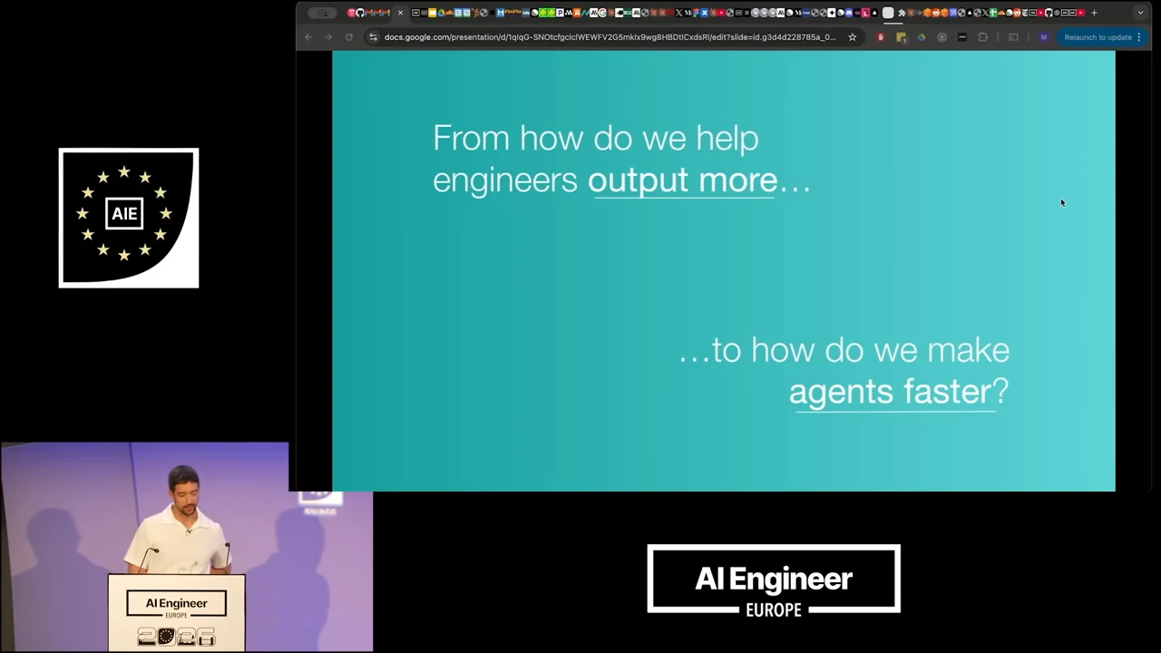 Teal slide asks how to shift from helping engineers output more to making agents faster.
