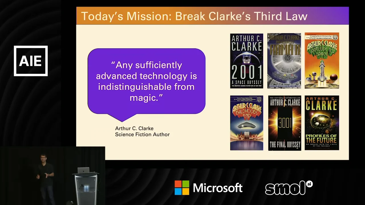 Slide showing Clarke’s quote about advanced technology being indistinguishable from magic beside six book covers.