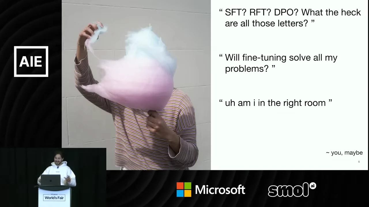 A person holding cotton candy beside questions about SFT, RFT, DPO, whether fine-tuning solves every problem, and being in the right room.