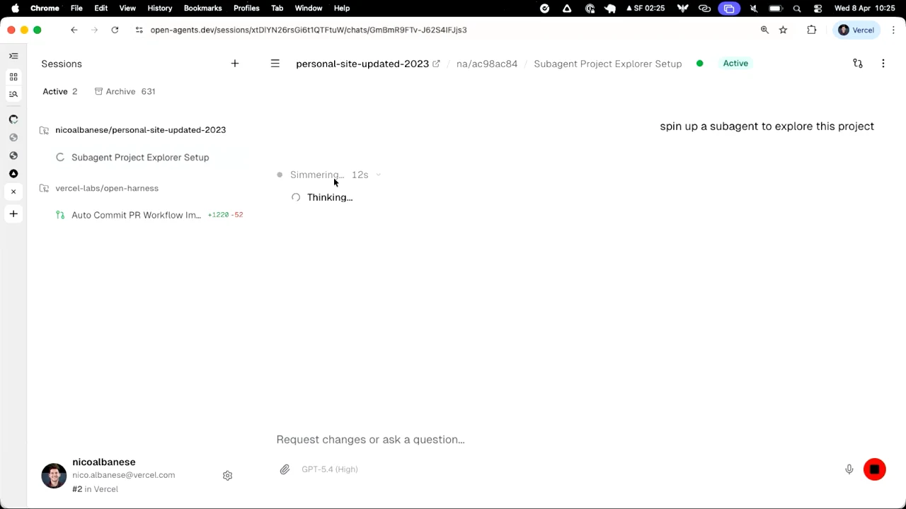 Session titled Subagent Project Explorer Setup with an Active badge, the exploration request, and ongoing thinking indicators.