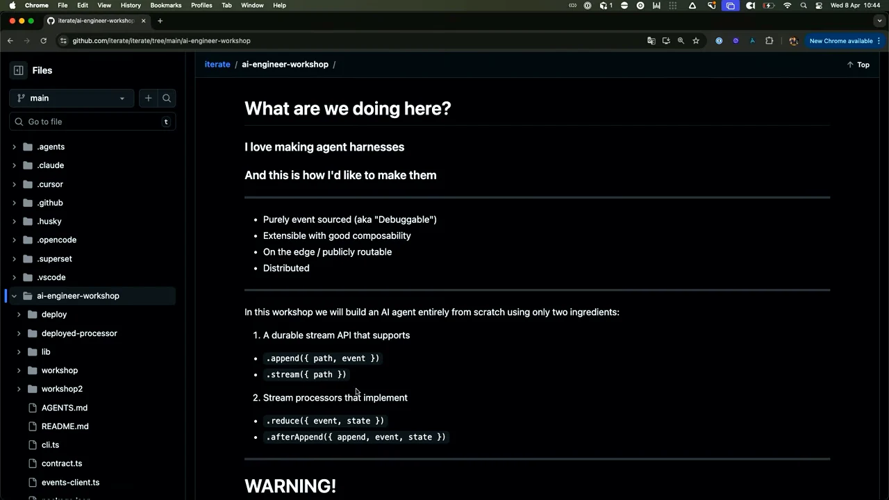 GitHub document headed “What are we doing here?” lists harness goals, a durable stream API, and stream processors.