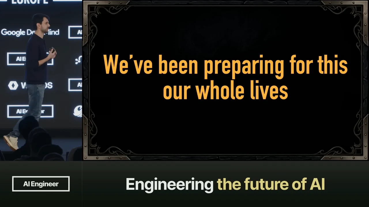 The presenter beside a black slide with large gold text reading “We’ve been preparing for this our whole lives.”