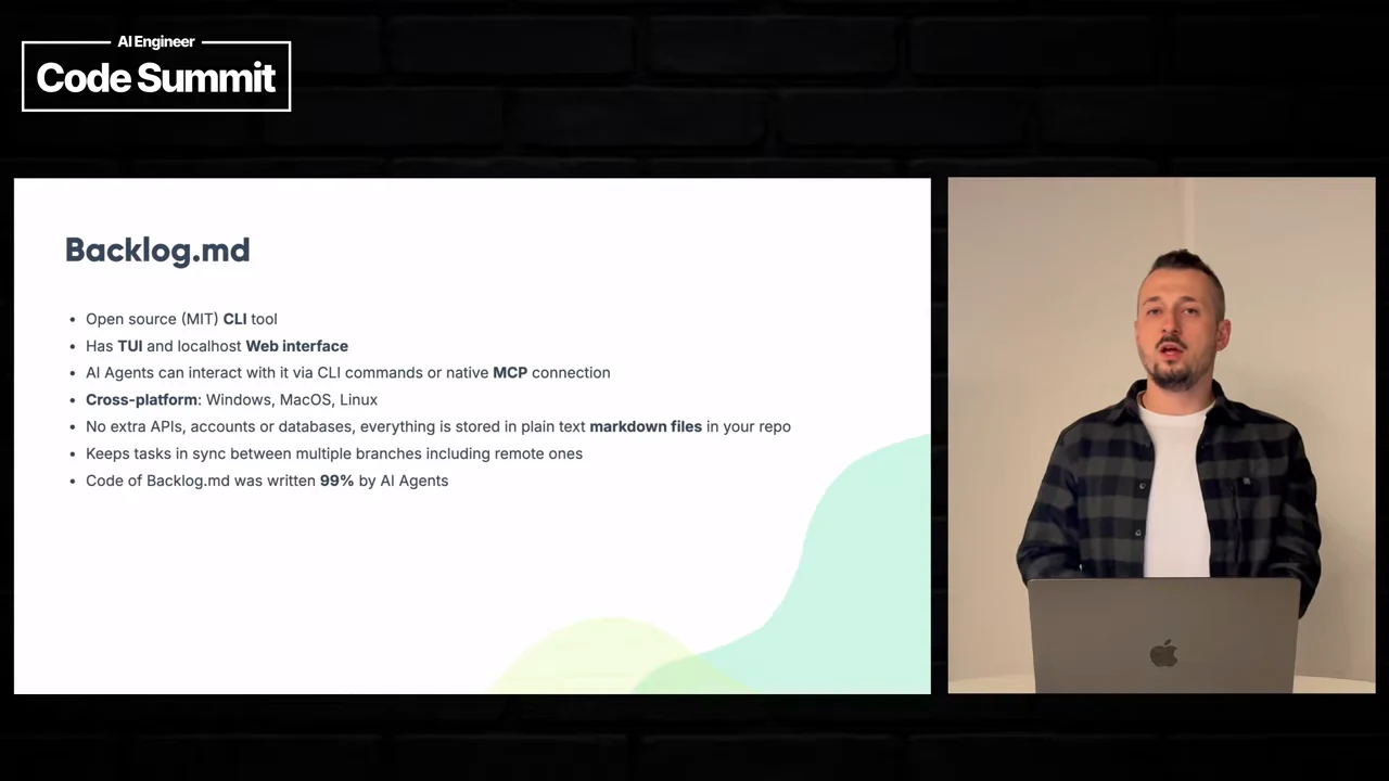 Backlog.md slide lists CLI, TUI and web interfaces, MCP access, Markdown storage, branch synchronization, and a claim that AI agents wrote 99% of its code.