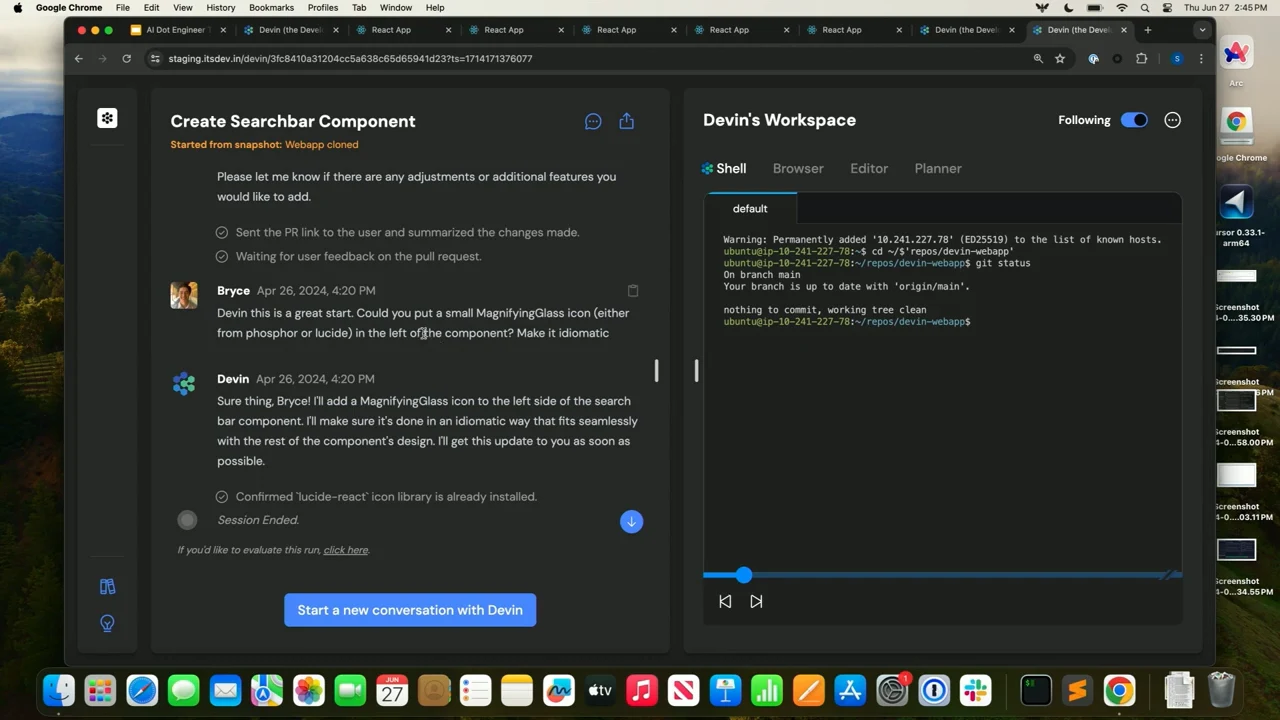 Devin's Create Searchbar Component session showing Bryce's icon request and Devin's response beside a shell workspace.