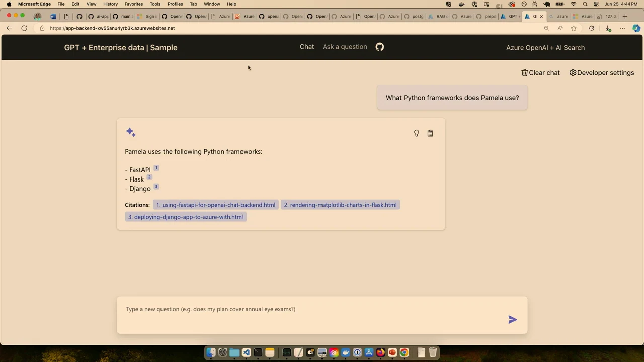 Chat answer listing FastAPI, Flask, and Django beneath a question about Pamela's Python frameworks, with three citation links.