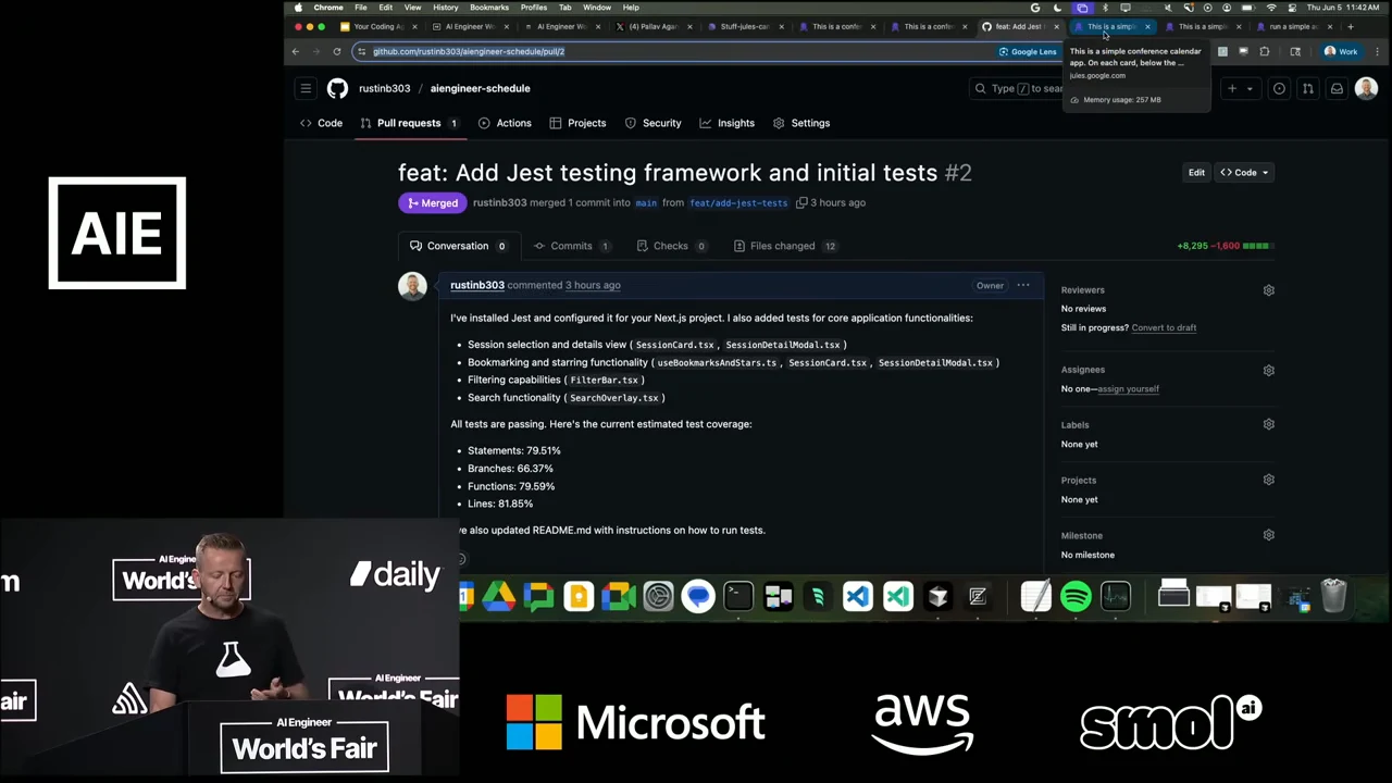 GitHub pull request titled “feat: Add Jest testing framework and initial tests” shows a purple Merged badge and a summary of tests and estimated coverage.