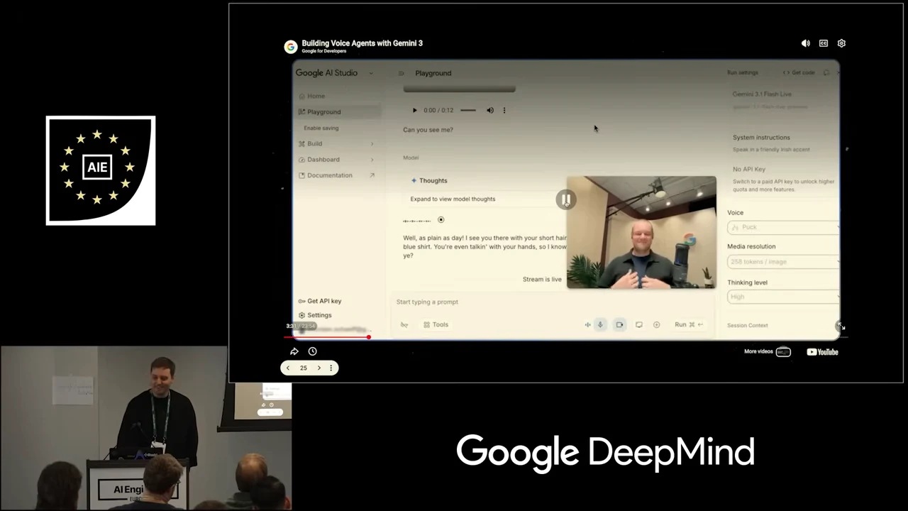 Google AI Studio showing a camera preview, the question “Can you see me?” and a response describing the person, with video playback controls overlaid.