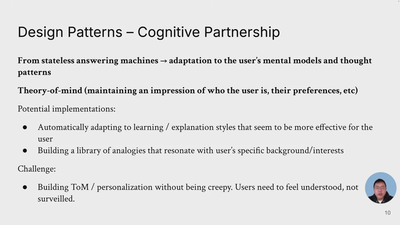 Cognitive Partnership slide describing adaptation to mental models, learning styles, and familiar analogies, with a warning about intrusive personalization.