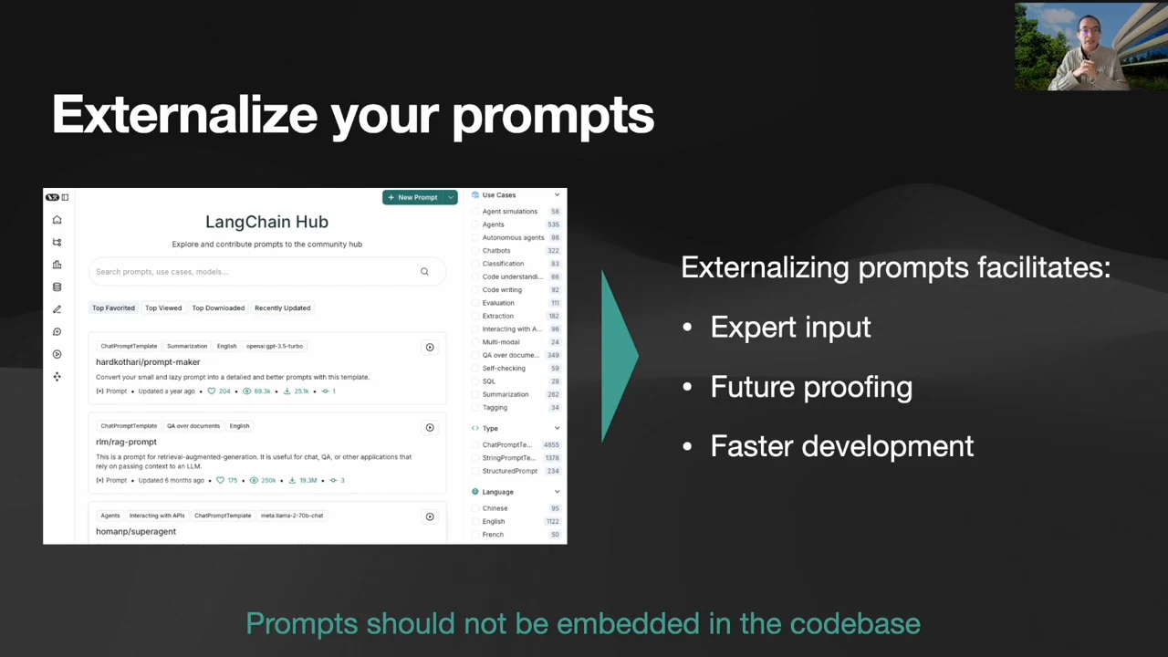 LangChain Hub screenshot beside three benefits of externalizing prompts, with a footer stating that prompts should not be embedded in the codebase.