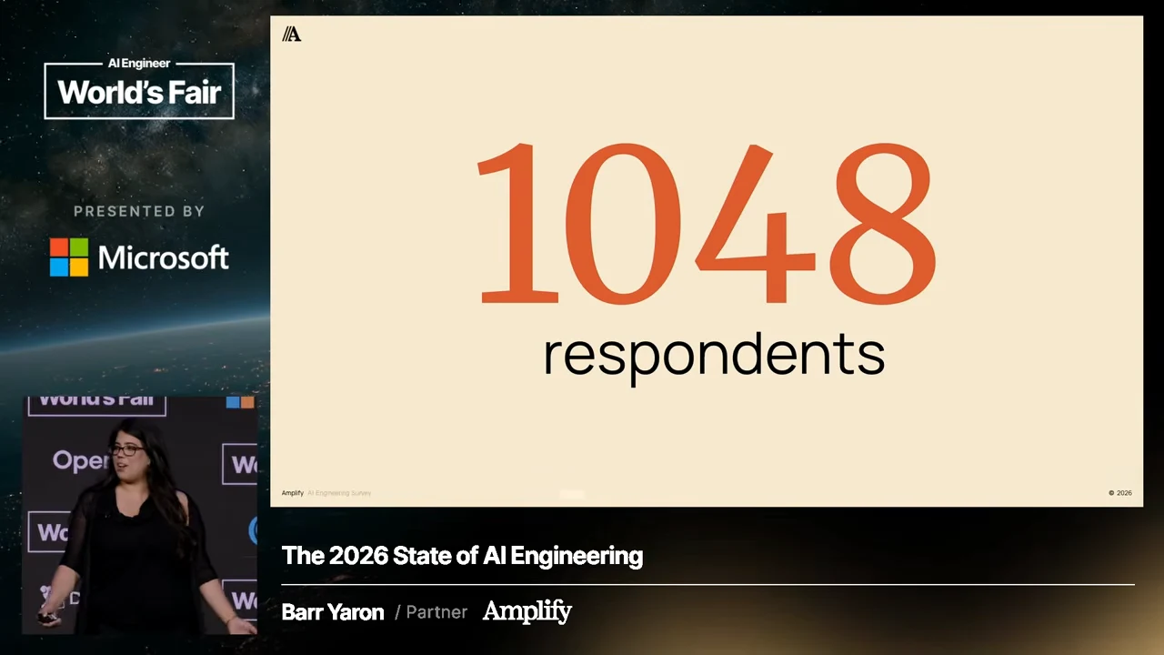 Cream slide with a large orange “1048” above “respondents,” alongside the speaker inset.