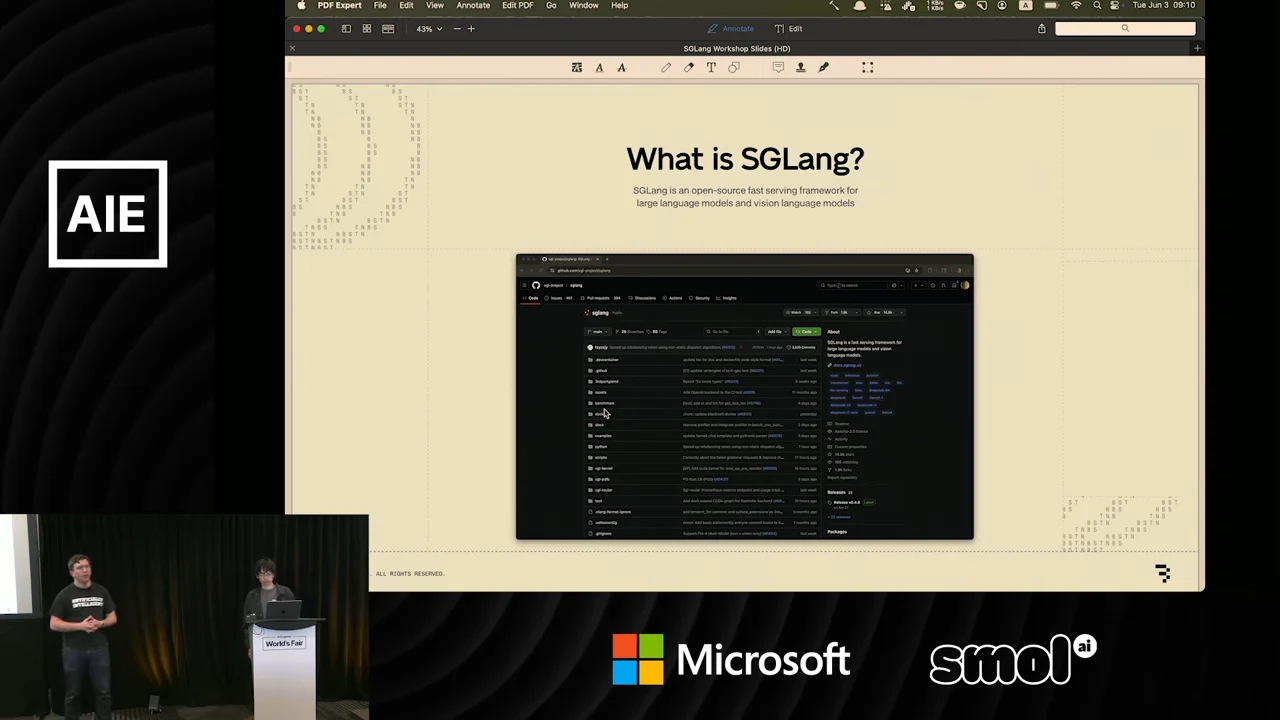 Slide titled “What is SGLang?” with a short definition above a GitHub repository screenshot.