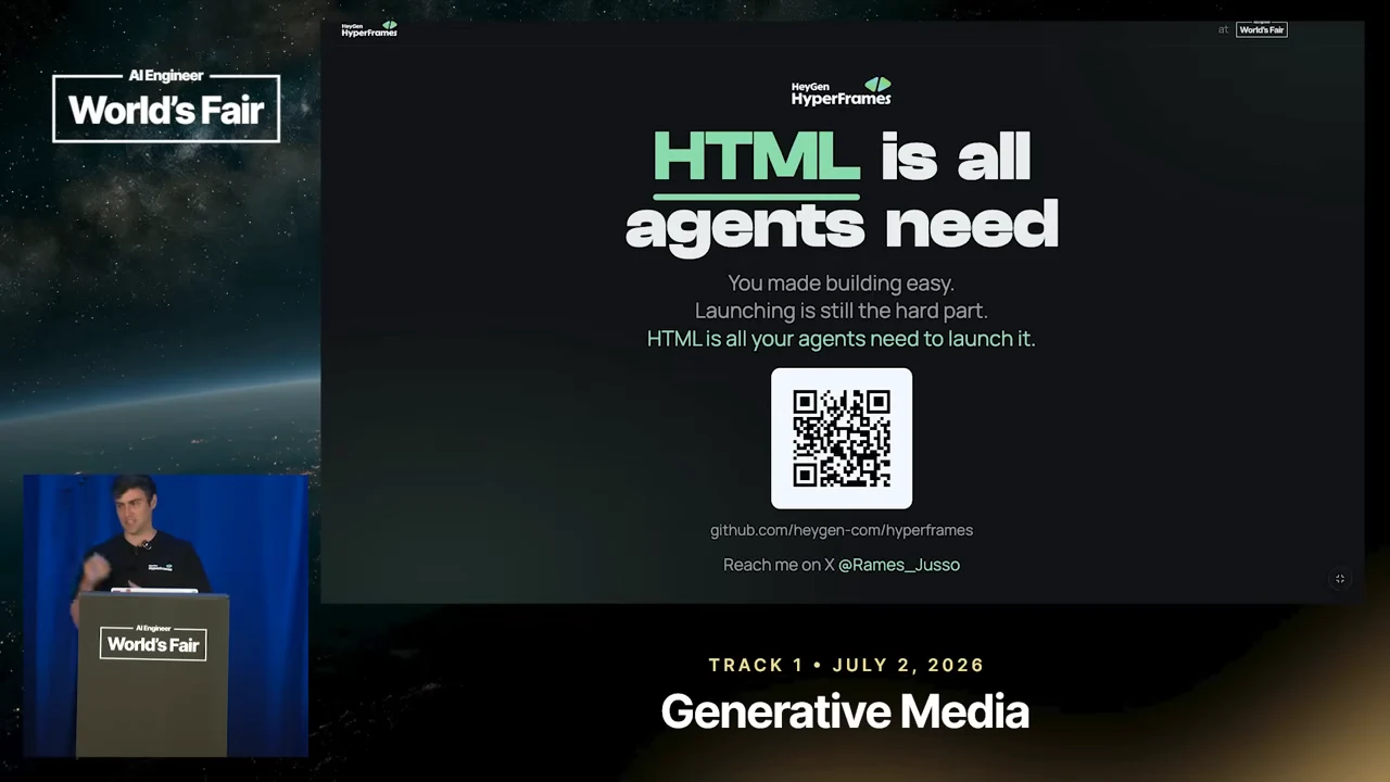 Closing slide with the HyperFrames logo, “HTML is all agents need,” a QR code, repository address, and X contact.