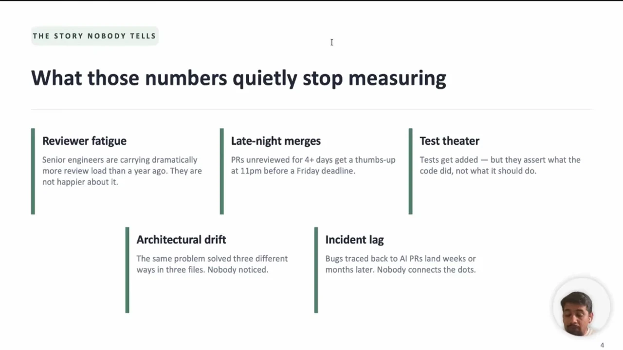 Slide titled “What those numbers quietly stop measuring,” with five labeled blocks describing hidden engineering costs.