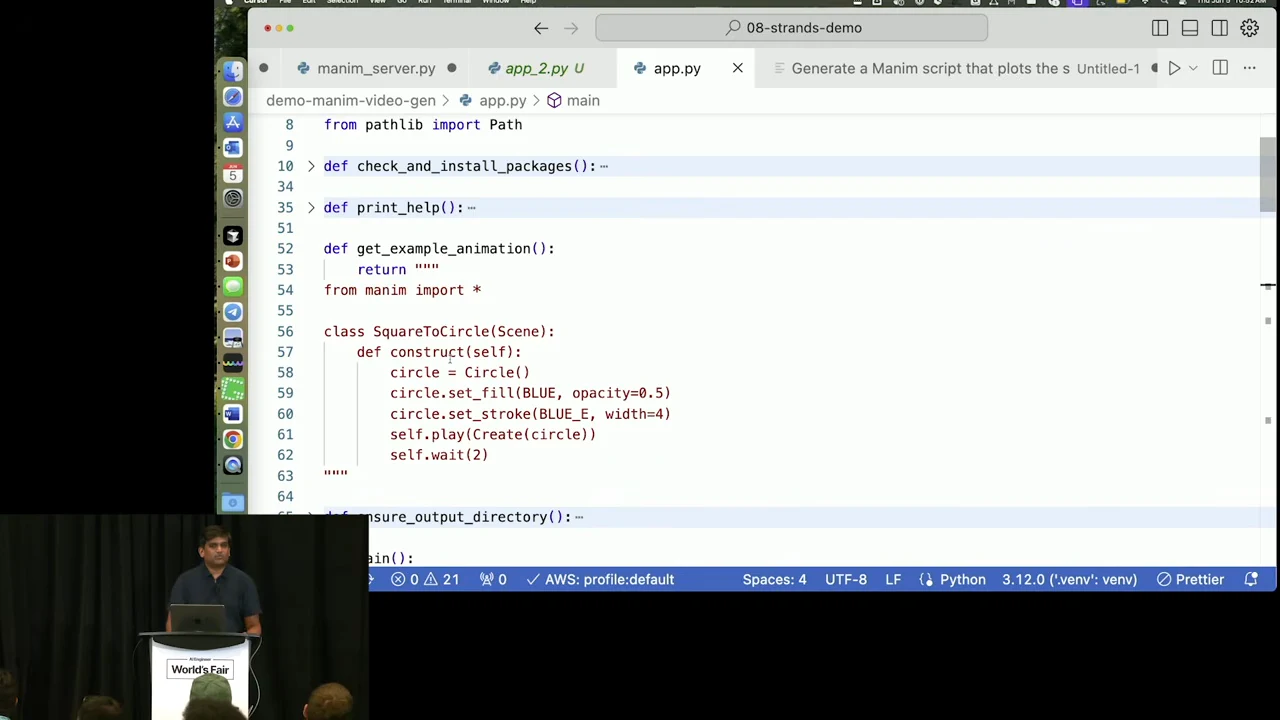 Python editor showing an example-animation function with a scene class, circle creation, blue fill and stroke settings, and animation and wait calls.