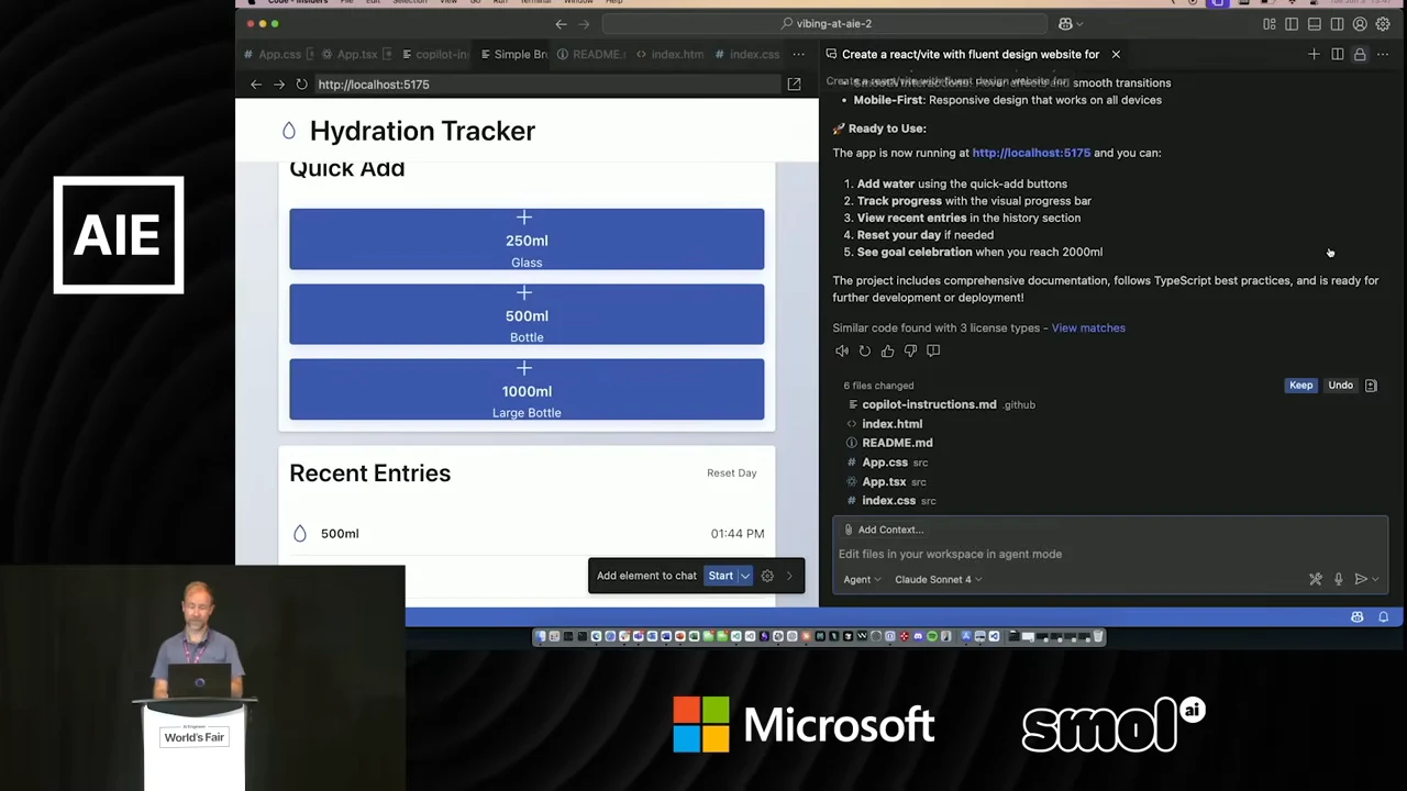 VS Code displays a Hydration Tracker with blue Quick Add buttons beside a Copilot conversation in an editor tab.