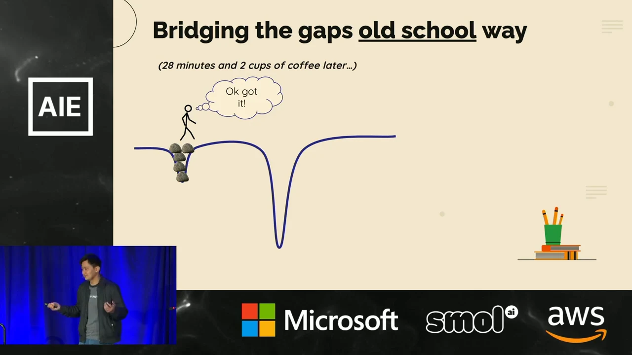 Slide titled “Bridging the gaps old school way” shows a figure above stones filling a small dip, with a larger dip still ahead, and the text “28 minutes and 2 cups of coffee later...”