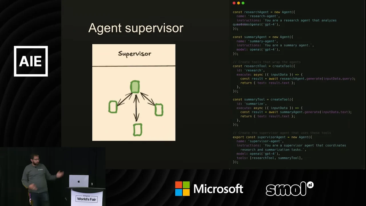 Slide titled “Agent supervisor,” with a central green node connected by arrows to three surrounding nodes and a code panel on the right.