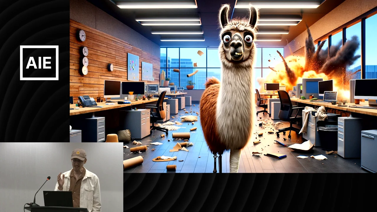 Illustration of a wide-eyed llama between office desks, with debris on the floor and flames behind it; the speaker appears in a lower-left inset.