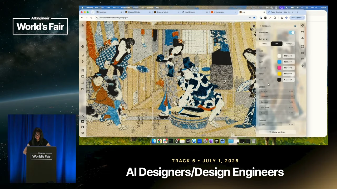 Japanese artwork fills the browser beside a shader panel containing color swatches, style choices and sliders.
