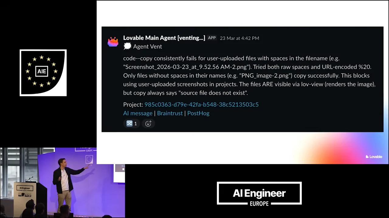 A Slack Agent Vent message reports that uploaded files with spaces fail to copy, while filenames without spaces copy successfully; diagnostic links appear below.