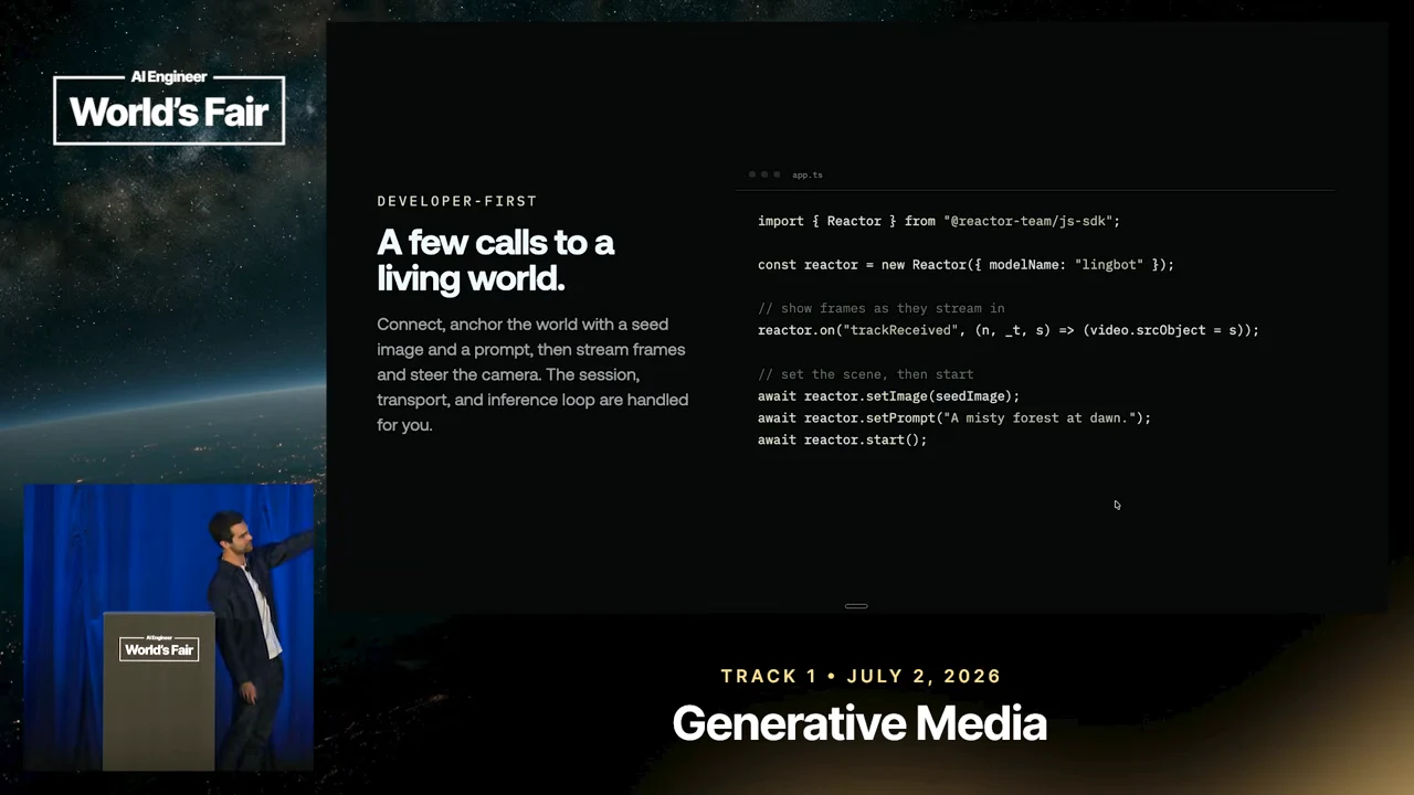 Developer-first slide pairs an explanation of connecting and streaming a world with a short code example; the presenter points toward it.