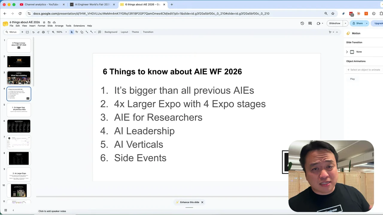 Slide listing event size, a larger expo with four stages, researchers, leadership, AI verticals, and side events.