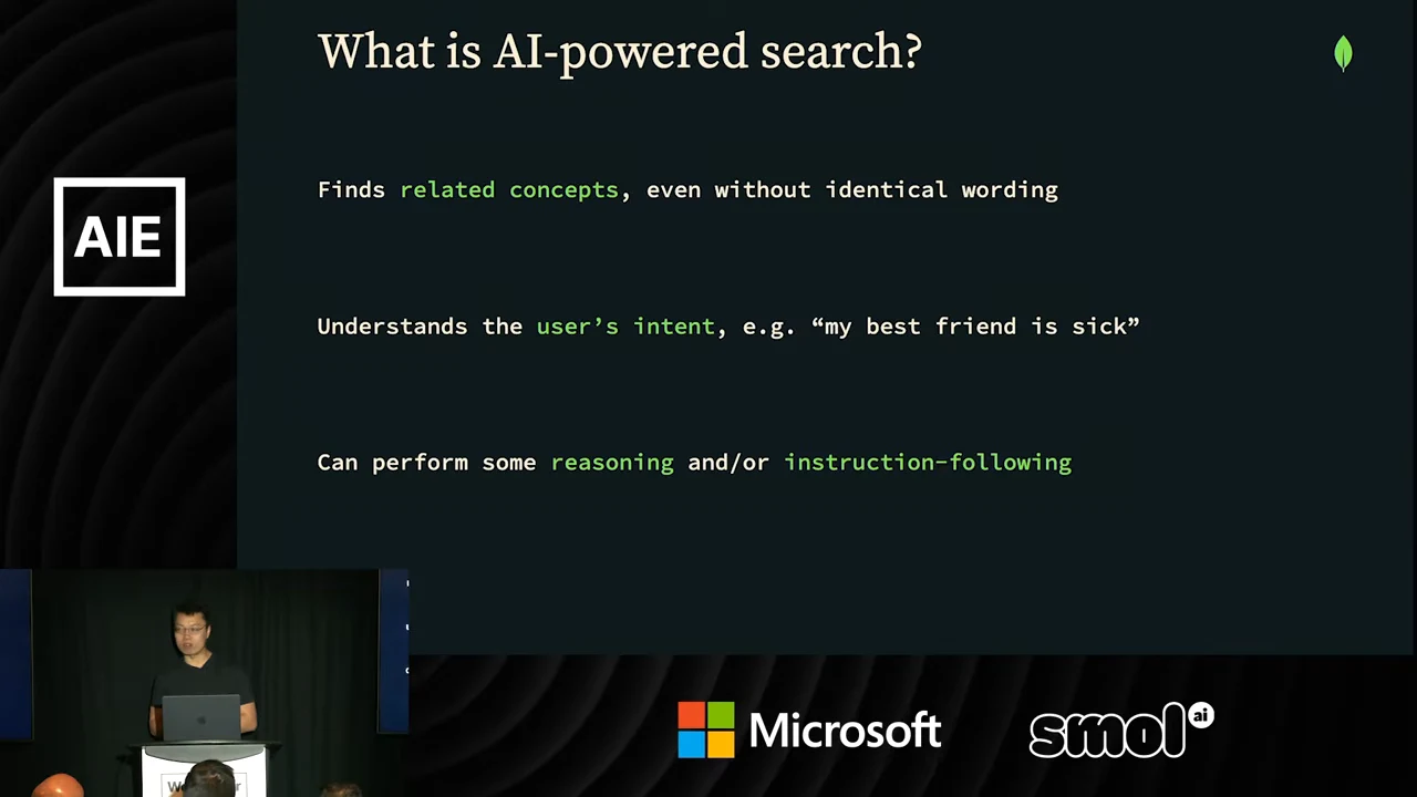 Slide titled “What is AI-powered search?” with three points on related concepts, user intent using “my best friend is sick,” and reasoning or instruction-following.