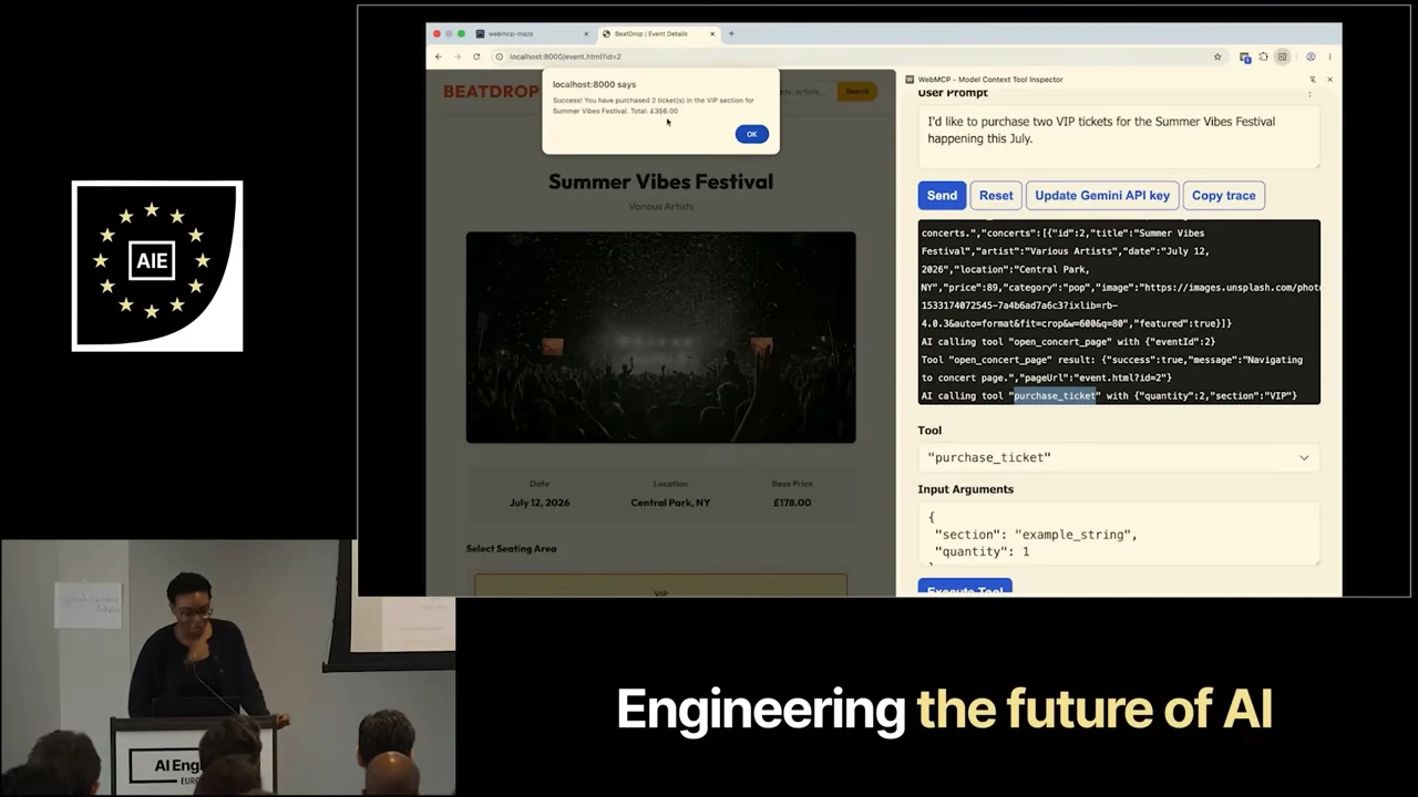 Browser demo with the Summer Vibes Festival concert page on the left, a purchase confirmation alert above it, and the prompt, tool trace, and purchase_ticket controls on the right.