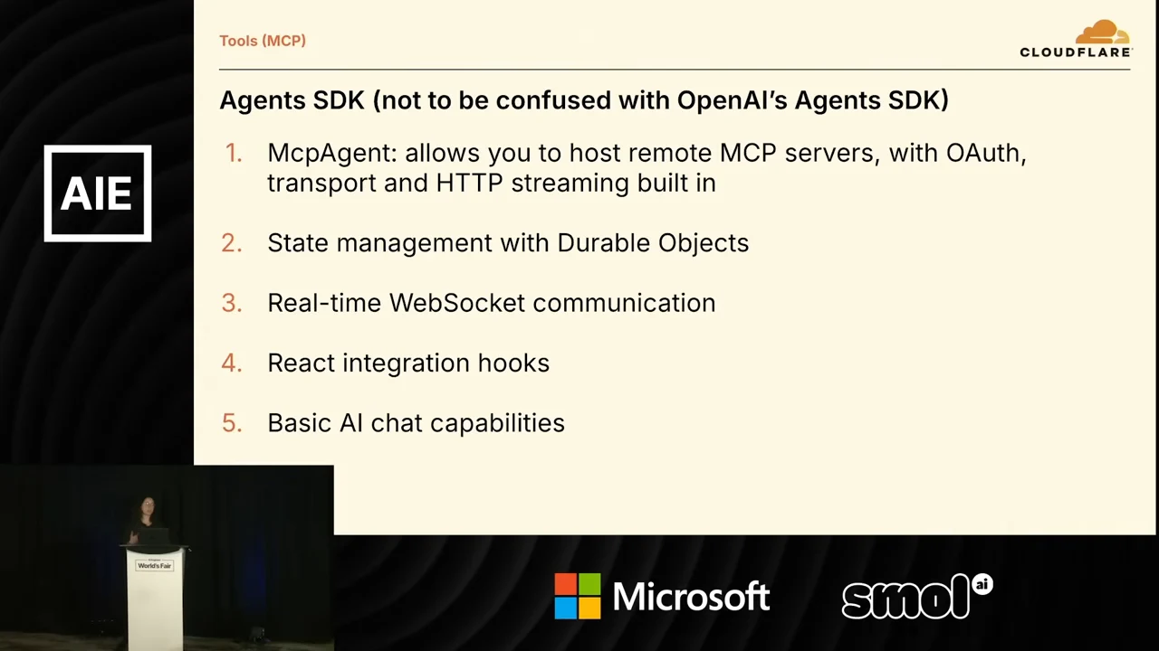 Five-item Agents SDK slide listing McpAgent hosting with OAuth and HTTP streaming, Durable Objects state management, WebSocket communication, React hooks and basic AI chat capabilities.