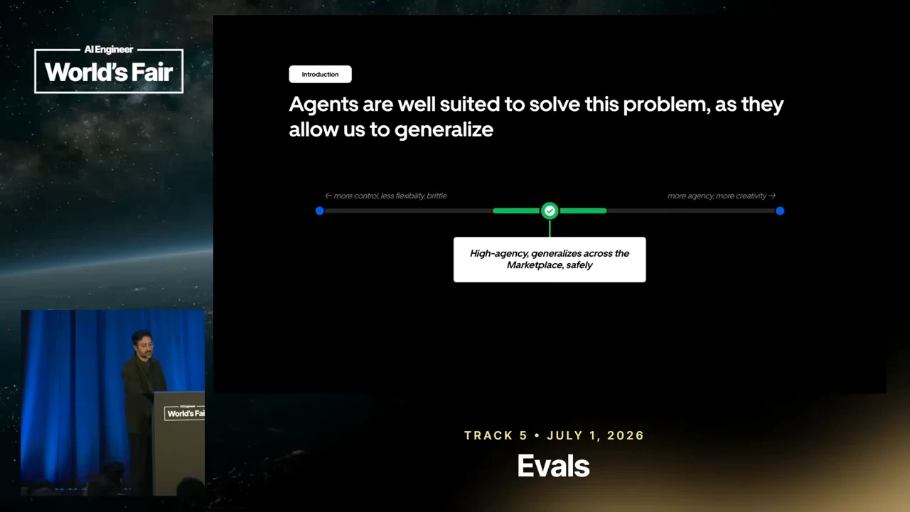 Horizontal spectrum from more control to more agency, with a green central marker and a callout reading “High-agency generalizes across the Marketplace, safely.”