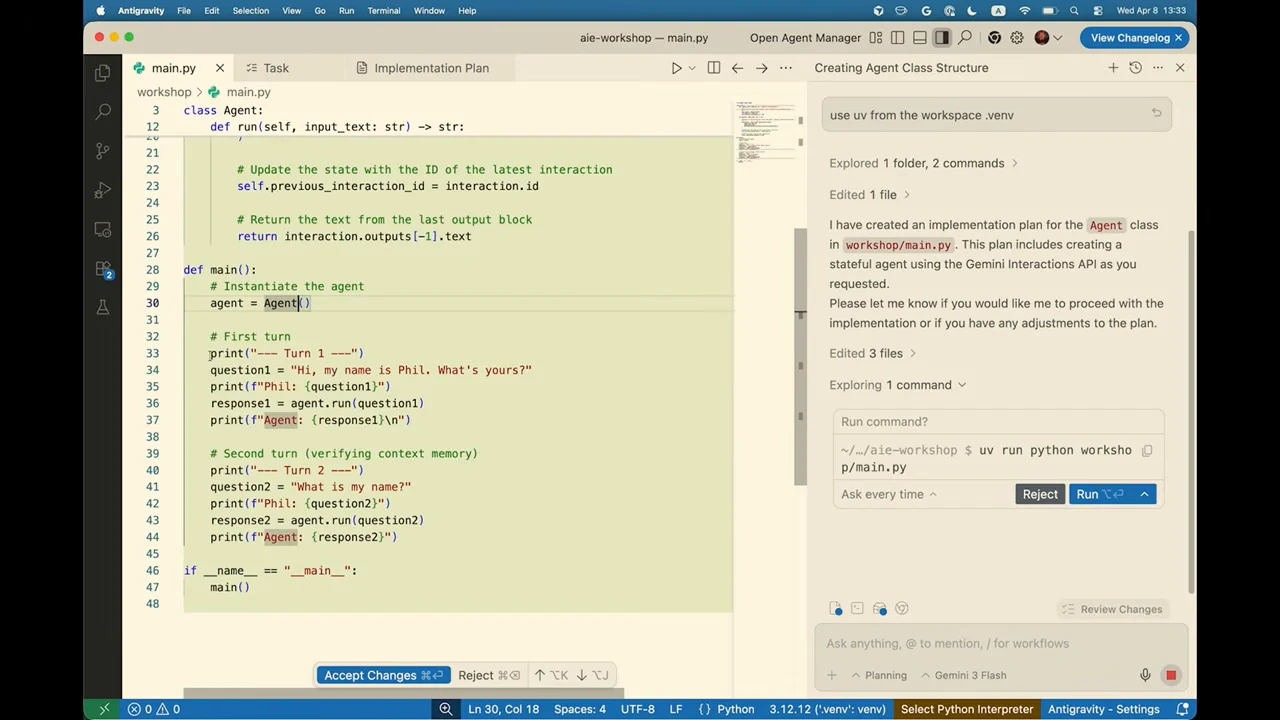 Code editor showing the interaction ID update and a main function that introduces Phil, then asks “What is my name?” A run command awaits approval.