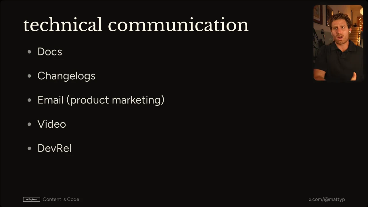Slide titled “technical communication” with five bullets: Docs, Changelogs, Email (product marketing), Video, and DevRel; presenter inset at upper right.
