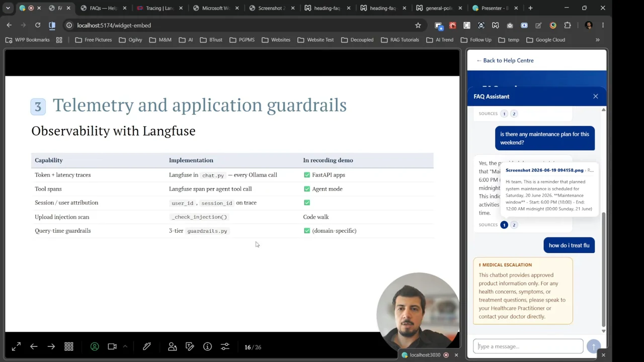 Telemetry and application guardrails slide beside the question “how do i treat flu” and a yellow medical escalation response directing the user to a healthcare practitioner.