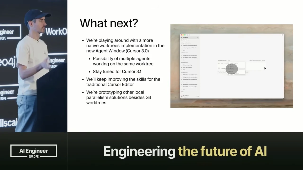 What next? slide beside the presenter, with an Agent Window screenshot and bullets mentioning Cursor 3.0, multiple agents on one worktree, Cursor 3.1, traditional editor skills, and alternatives to Git worktrees.
